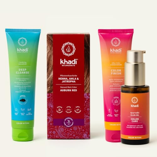 khadi Pflanzenhaarfarben ColorCycle Bundle – HENNA, AMLA & JATROPHA Pflanzenhaarfarbe + Deep Cleanse Shampoo + Color Finish Conditioner + Color Care Haaröl