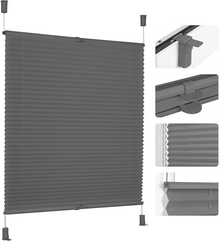 Grandekor Plissee Klemmfix ohne Bohren 90 x 130cm Anthrazit Faltrollo Jalousie für Tür & Fenster Blickdicht Sichtschutz Sonnenschutz Rollos für Wohnzimmer Kinderzimmer Einfach Montage & Stabil