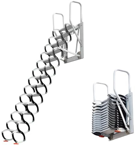 Escalera Plegable retráctil para altillo, Escalera Plegable de Pared con pasamanos Resistentes y Sistema de Descenso, Escalera telescópica de Alta Resistencia para ático(16 Steps 405CM/160IN)