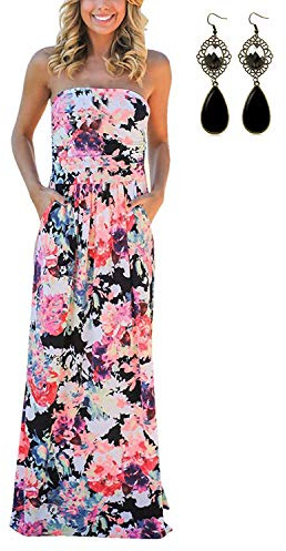 CARINACOCO Abito Lungo Senza Spalline Lungo Bohemian da Donna Bohemian Abito Senza Spalline con Stampa Floreale Estiva