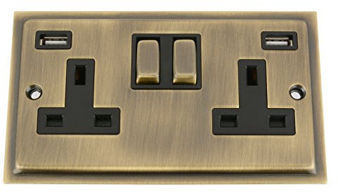 Antique Brass Slimline/Elegance USB Socket 2 Gang Black Insert Metal Rocker Switch (2100mA)