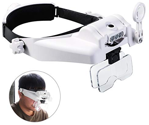 Beleuchtete Kopflupe mit abnehmbaren LEDs, Freisprech-Lesekopflupen Visier Headset Helm Lupenlupe für Arbeiten in der Nähe, Nähen, Basteln, Lesen, Reparieren, Schmuckherstellung (1X bis 14X)