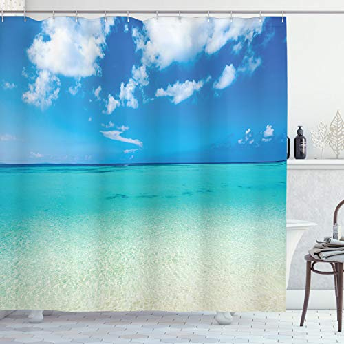 ABAKUHAUS Sommer Duschvorhang, Ozean Dreamy Sea Beach, Stoffliches Gewebe Badezimmerdekorationsset mit Haken, 175 x 180 cm, Türkis Blau