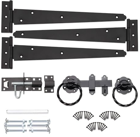 Infinity Decor Heavy Duty 12” Tee Hinges (3) Twisted Ring Gate Latch, Brenton Bolt Pack Epoxy Black Garden Gate Hanging Kit - for Wooden Barn, Shed Doors
