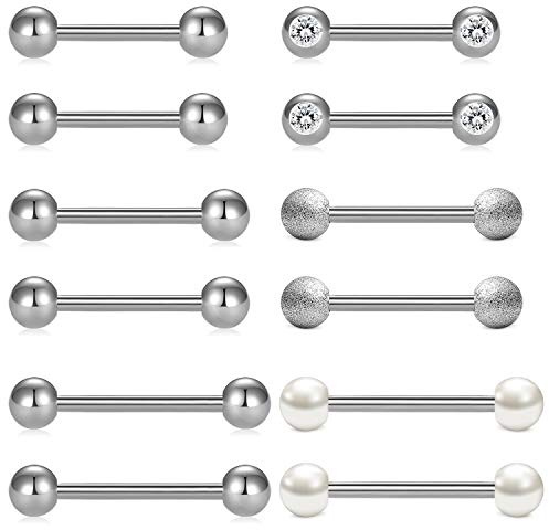 Crdifu 12 Piezas Piercing Lengua Pezón Industrial Corto Acero Inoxidable 14G 12mm 14mm 16mm Barra Recta Joyería Corporal con Circonita Perla Mujer Hombre