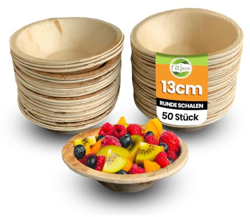 Raj Engångsskålar av Palmblad [50-pack] 13 cm Runda Skålar - Stabilt Komposterbart Festservis för Födelsedag, BBQ, Picknick, Bröllop, Camping & Utomhusbruk