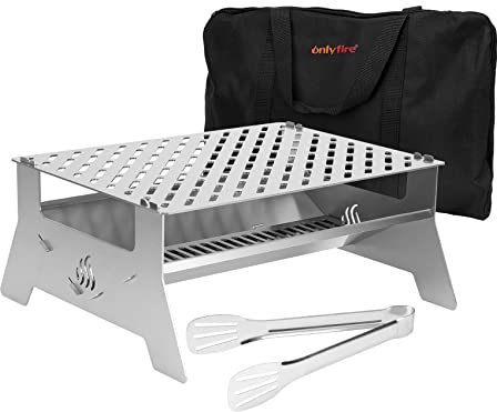 onlyfire griglia a Carbone Mobile, Barbecue da Tavolo a carbonella con Pinza per Carne e Borsa da Trasporto per Spiaggia, Campeggio, Giardino