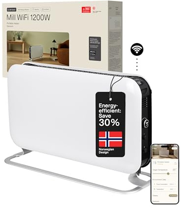 Mill Portable Heater 1200W Smart Electric Heater & App, Free Standing WiFi Electric Radiator Energy Efficient Heaters for Home 14-18m2, Low Surface Temperature Quiet White Radiators Designed in Norway