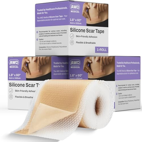 AWD Medical Silicone Scar Tape, Medical Grade, 3 Pack of 60in Rolls | Reusable Silicone Scar Sheets, Cut-to-Fit for C-Section, Surgery, Keloid & Acne; Latex-Free, Water-Resistant, FSA Eligible