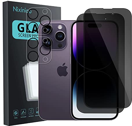 Nixinioo [4 Stück] Sichtschutz Schutzfolie für iPhone 14 Pro, [2* Anti-Spy Schutzglas + 2* Kameraschutz] Sichtschutzfolie Panzerglasfolie, [Anti-Spion] [9H Härte] [Bläschenfrei] [Kratzfest]