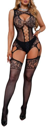 Buitifo Damen Fischernetz Bodystocking Nachtwäsche Sexy Catsuit Unterwäsche Frau Hohl Reizwäsche Strumpfhose Dessous(schwarz xdd,Einheitsgröße)