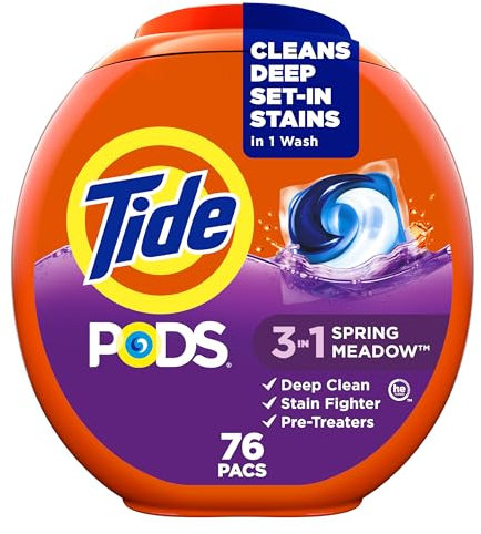 Tide PODS Liquid Laundry Detergent Soap Pacs, HE Compatible, Powerful 3-in-1 Clean in one Step, Built in Stain Removers, Spring Meadow Scent, 76 Count
