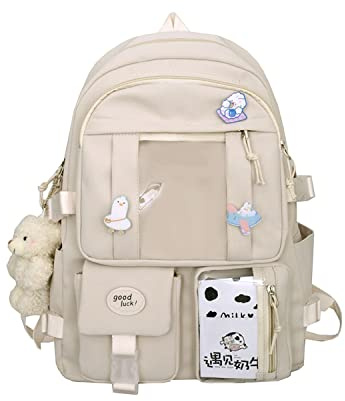 EVEOUT Söt Kawaii nylon skolryggsäck med vackra hängen och pins för flickor, stor kapacitet studentryggsäck, lätt fritidsryggsäck för skola och utomhusutflykter, Vit, M, Ryggsäck