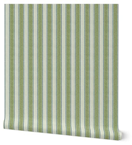 Peel & Stick Wallpaper Swatch - French Ticking Stripe Vertical Green Beige Vintage Faux Texture Custom Removable Wallpaper by Spoonflower