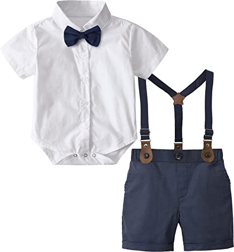 mintgreen Bebé Niño Trajes Pascua Formal Conjunto Caballero Manga Corta Camisa Pantalones Pajarita Tirante, Blanco, 12-18 Meses, 90