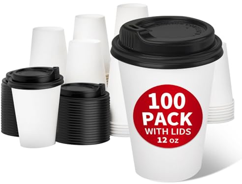 RACETOP 100 Pack 12 oz Disposable Paper Coffee Cups with Lids, Paper Cups with Lids 12 oz, Hot Cups for Home/Office