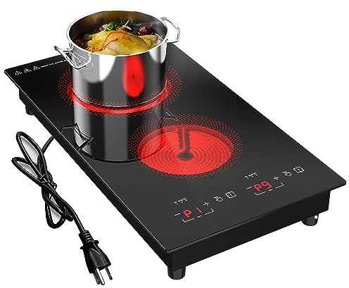 Electric Cooktop 2 Burner, 3000W Electric Stove Top 12 Plug in, 220-240V Burner Countertop and Bulit in,9 Power Levels,Suitable for All Pans,Infrared Burner