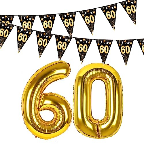 Deko 60 Geburtstag Folienballon 60 Gold Zahlen 4 Meter Wimpelkette Schwarz Dekoration Wimpel Banner Outdoor Folie Ballons Zahl 60. Geburtstagsdeko für 60 Jahre Jubiläum Party Mann Frau