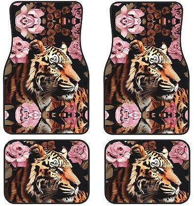 4 Stück Auto Fußmatten Gummi Rutschfest Fahrzeug Teppich Full Set Universal Fit Alle Autos Tier Tiger Leopard Print Rose Blume Druck