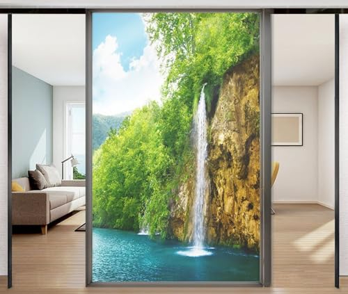 Fensterfolie Brauner Wasserfall Grün Fensterfolie Blickdicht Sichtschutzfolie Fenster Static Milchglasfolie Folie Fenster Sichtschutz Home Office Fensterfolie Selbsthaftend 80x200cm