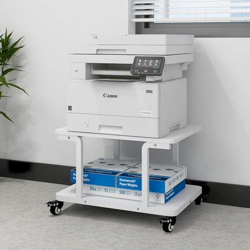 PUNCIA 2-schrichte Druckertisch Druckerständer mit Rollen 60 x 50 cm mobiler Druckerwagen Druckerregal aus Holz & Metall Druckerschrank für großen Drucker Scanner Arbeitszimmer Büro Schule Weiß