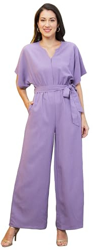 Globus Women's Casual Solid V-Neck Jumpsuit with Kimono Sleeves Drop Shoulder Waist Tie-Up Flared Hem and Pockets