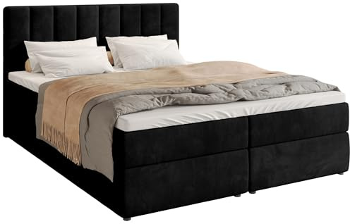 BROMARKT Boxspringbett mit Matratze 180x200cm Bett mit Topper Schwarz | Polsterbett mit Bettkasten Doppelbett für Schlafzimmer gepolsterte Kopfstütze Bed Bonell Härtegrad H3 DENVER