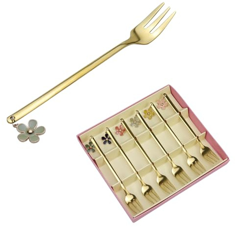 Savagrow 6Pcs Dessert Forks Set Decorative Fruit Forks with Flower Pendant Afternoon Tea Party Forks for Gift, Appetizer & Cocktail, Gold