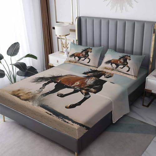 zcsm Horse Sheets King Size - Western Running Horses Bed Sheets, Soft Microfiber & Deep Pocket & Wrinkle Free Patterned Bedding Sheets & Pillowcases, 1 Fitted Sheet, 1 Flat Sheet, 2 Pillow Cases