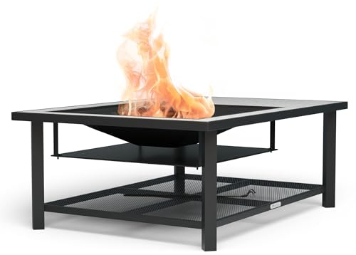 blumfeldt Merano Avanzato L Braciere da Giardino - 3-in-1 Braciere Barbecue & Tavolo, Telaio in Acciaio, Piano in Terrazzo, Include Griglia, Attizzatoio, Parascintille & Coperchio, Grigio