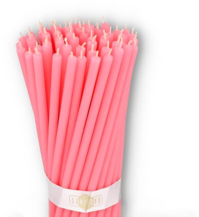 Danilovo Reine Bienenwachskerzen – tropffrei, rauchfrei, hohe, dünne Spitzkerzen – dekorative Kerzen für Kirchgebet, Deko oder Geburtstagskerzen – Honigduft Kerzen – 16 x 0,5 cm (Rosa, 50 Stück)