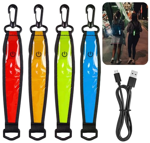 BORDEAG 4 Pièces Cartables À LED Clignotantes, Pendentif Réflecteur De Sécurité, Bandes Lumineuses Clignotantes, avec Lumière Clignotante Et Sangle Réfléchissante pour Randonnée Jogging Course À Pied