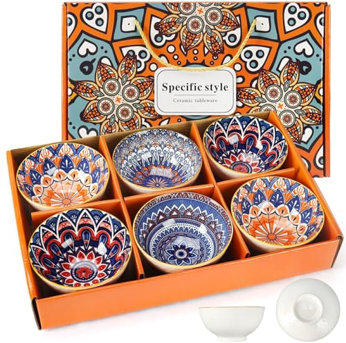 TBRFP Ceramic Serving Bowls Set of 6,Bohemian Style Kitchen Tableware Small Bowls for Dipping,Rice,Cereal,Soup,Desserts,Snacks,Fruits,Salads,10oz/300ml,Dishwasher & Microwave Safe