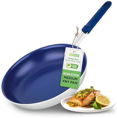 NutriChef 10 Inch Non Stick Ceramic Coated Frying Pan, Aluminum Frying Pan with Silicone Handle, Stain-Resistant, PFOA Free – Compatible with Gas, Electric, Induction, and Ceramic Cooktops