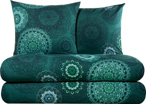 Erwin Müller Bettwäsche, Bettgarnitur Sparpaket 4-TLG. Flanell - Mandala - mollig warm, temperaturregulierend, mit praktischem Reißverschluss - Petrol Größe 80x80 cm / 135x200 cm