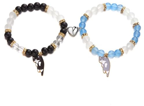 TTPSRY Bracciali Con Perline Gatto Set Di 2 Braccialetti Amicizia Per Coppie Braccialetti Elastici Con Ciondolo Gatto Braccialetti Donna E Uomo Gioielli Moda Donna
