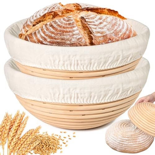 Banneton Bread Proofing Basket, 2 Pack 9 Inch Sourdough Banneton Baskets with Linen Liners | Rattan Round Banneton Bread Basket for Sourdough Baking Supplies | Non-Stick Bread Proofing Bowl Gifts
