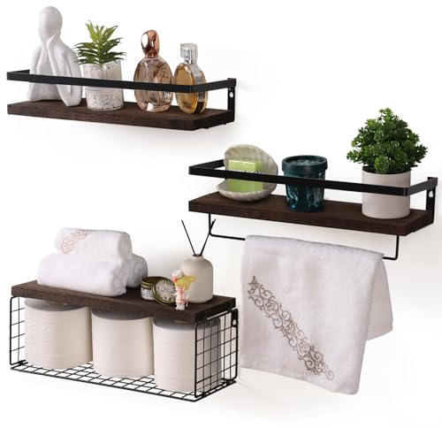 40cm Schweberegale Wandregal, 3er-Set Küchenregal Wand mit Handtuchhalter, Schwimmendes Regal Wand Schweberegal mit Drahtkorb, Stabiles Hängeregal für Badezimmer, Wohnzimmer, Schlafzimmer, Büro, Flur