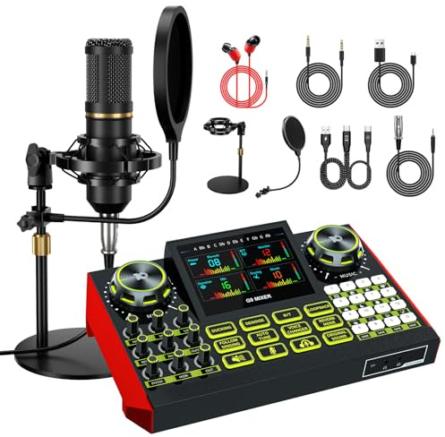 Denoise - Set di microfoni G9 per podcast, scheda audio e mixer audio con scheda audio e scheda audio per podcast con microfono a condensatore da 3,5 mm, per pc/telefono, live streaming, canto e