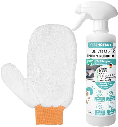 CLEANOFANT Innenreiniger MIKROBIOLOGISCH Allergiker 500 ml - Set mit Reinigungshandschuh - Ohne Duft- & Farbstoffe - Biologischer Geruchsentferner für Wohnwagen Wohnmobil - Hypoallergen & Hautschonend