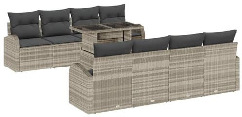 vidaXL 9-delars trädgårdsoff set med kuddar ljusgrå modulär sittgrupp för utomhusmiljöer | Bekväm soffa, justerbara fötter, handvävd design, väderbeständig patio-möbler, lounge