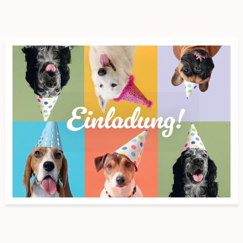 Edition Colibri Einladungskarte Hunde Party A6, 10 Stück lustige Welpen mit Partyhüten, bunte Einladung für den Kindergeburtstag, Geburtstagskarten & Geburtstageinladungskarte für Jungen und Mädchen
