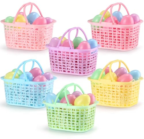 Jetec 48 Pcs Easter Egg Baskets Set, 6 Plastic Easter Baskets with Handle 36 Colorful Fillable Egg Surprise 6 Tissue Raffia Paper for Spring Theme Party Favors(Macron Color)