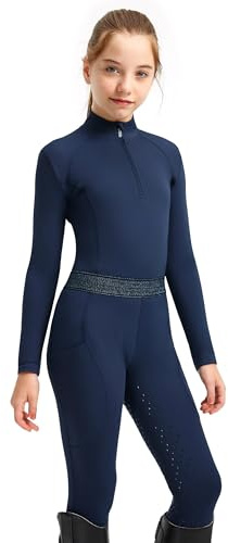 FitsT4 Sports Girls Equestrian Outfits, 2 Piece Kids Horse Riding Set, Girls Equestrian Shirt & Knee-Patch Silicone Breeches with Pockets Navy L