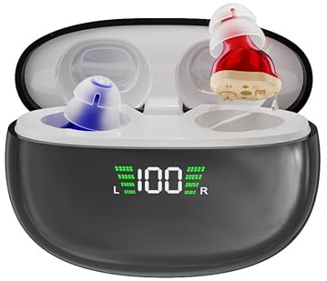 Clarity CIC Rechargeable Personal Sound Amplifier for Adults & Seniors | Discreet In-Ear Sound Amplifier with Noise Reduction & Digital Display Charging Case – Red & Blue, 72h Total Battery