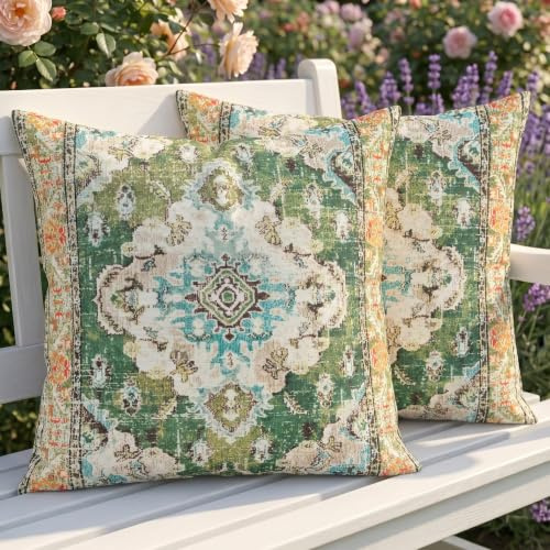 Luzzxfa Wetterfest Outdoor Kissenbezug 50x50 cm 2er Set Boho Dekokissen Zweiseitiges Muster Grün Vintage Sofakissen Sommer Kissen Leinen Kissenbezüge Dekorative für Sofa Garten Balkon Camping