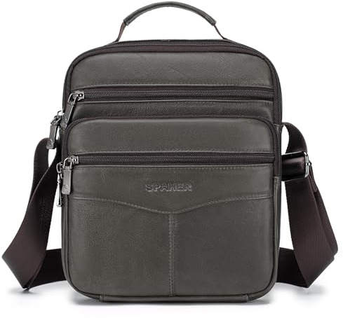 SPAHER Stor Herr Läderväska Handväska Axelväska för Män Shoulder Crossbody Bag Messengerväska med Justerbar Axelrem Vattentålig Slingväska för iPad 11 Tum, Kaffe
