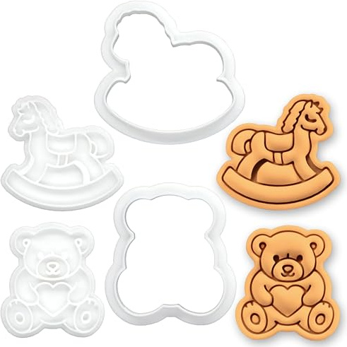 BAKERLOGY Set of 2 Rocking Horse & Teddy Bear with Heart Mini Cookie Cutter & Stamp Set – Cute Fondant Embosser for Baby Shower, First Birthday, Christening, Nursery Cupcake Topper Baking Tool