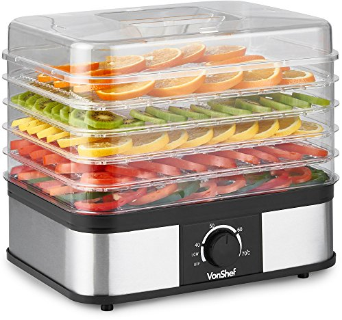 VonShef Food Dehydrator 5 Tier – Fruit Dryer 250W with Adjustable Temperature Control from 40-70°C, Removable Trays, for Jerky, Meat, Fruit, Vegetables and Healthy Snacks – Stainless Steel