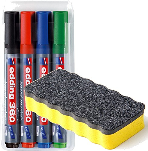 edding 4-360-4 Boardmarker, nachfüllbar, 1.5-3 mm, sortiert (1x 4er Pack + Löscher Gelb)